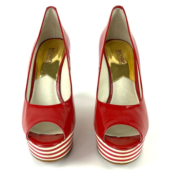 Michael Kors Adalia Red Patent Slim Striped Peep Toe Platform Wedges - Picture 4 of 10